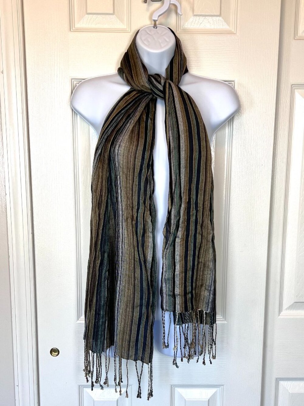 Big Budda Striped Navy Green Gold Long Fringed Scarf 72" Grunge Indie Sleaze